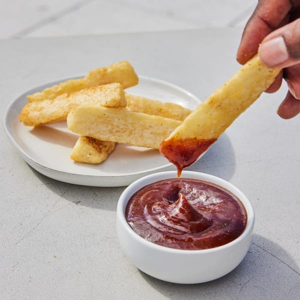 A hand dips a golden-brown Jamaican festival dumpling into a small white bowl of BBQ sauce.