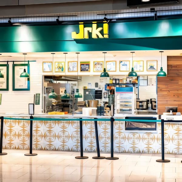The Jrk! restaurant counter with a vibrant green sign, modern decor, and kitchen visible in the background.